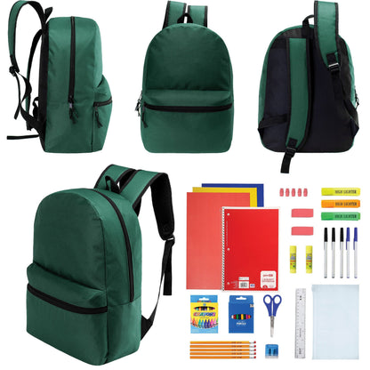 12 Wholesale 17 'Basic Rucksäcke in Dark Grün & 12 Bulk School Supply Kits Ihrer Wahl
