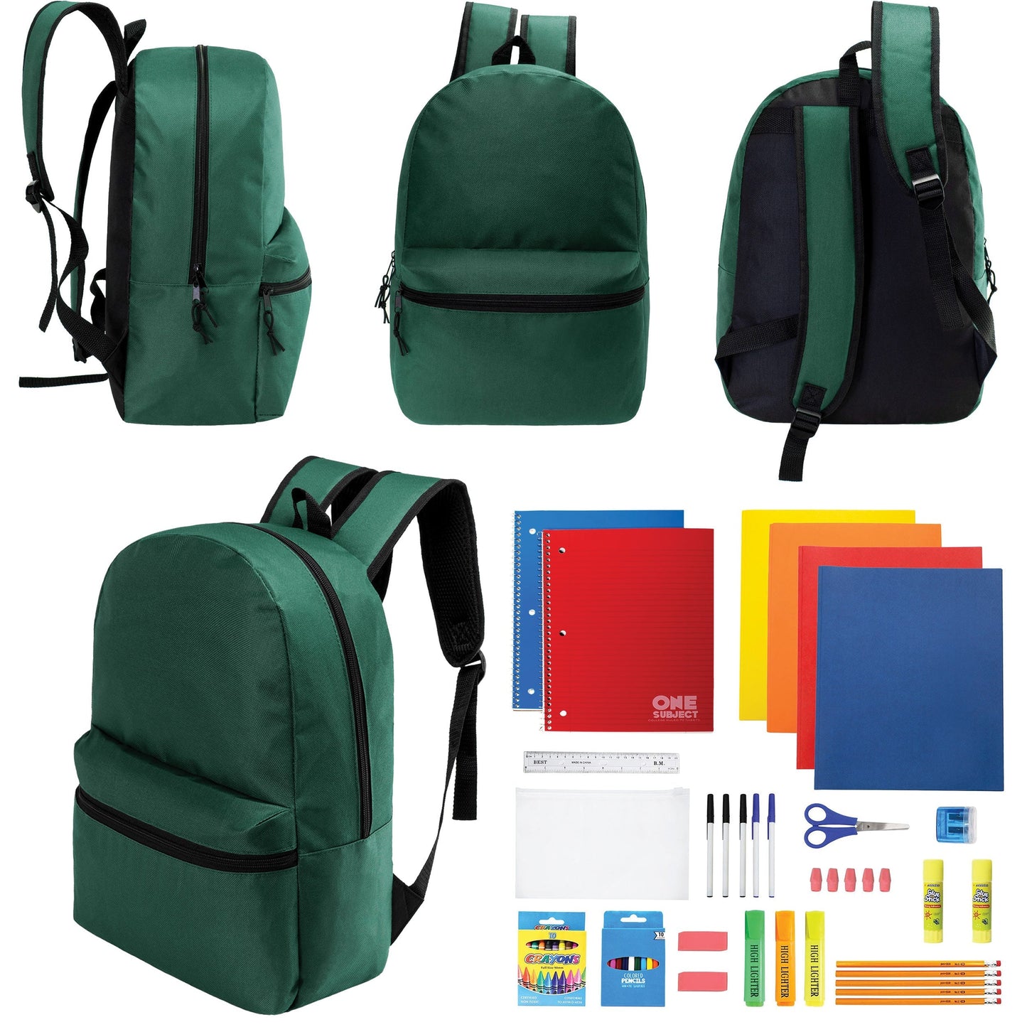 12 Wholesale 17 'Basic Rucksäcke in Dark Grün & 12 Bulk School Supply Kits Ihrer Wahl