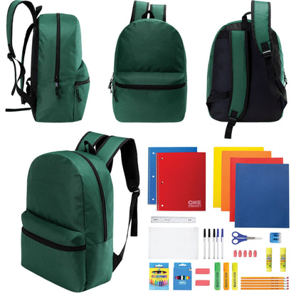 12 Wholesale 17 'Basic Rucksäcke in Dark Grün & 12 Bulk School Supply Kits Ihrer Wahl