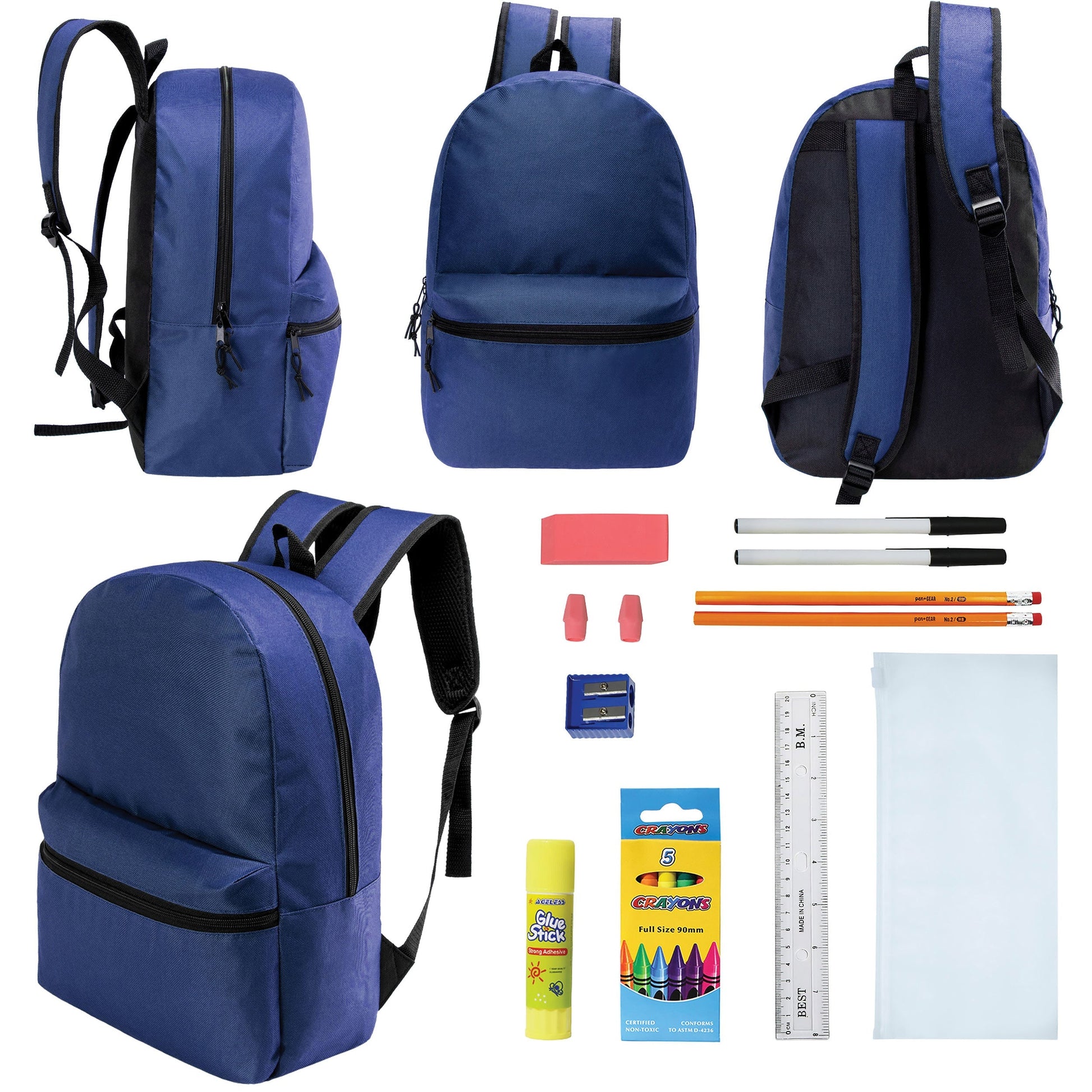 12 Wholesale 17 'Basic Rucksäcke in Marineblau Blau & 12 Bulk School Supply Kits Ihrer Wahl