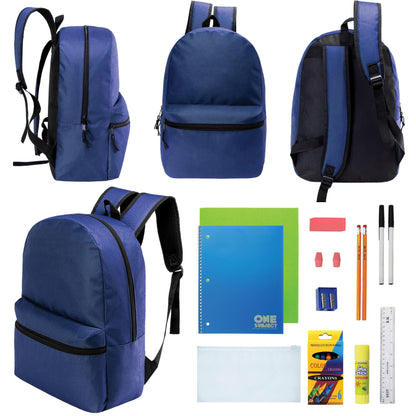 12 Wholesale 17 'Basic Rucksäcke in Marineblau Blau & 12 Bulk School Supply Kits Ihrer Wahl