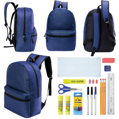 12 Wholesale 17 'Basic Rucksäcke in Marineblau Blau & 12 Bulk School Supply Kits Ihrer Wahl