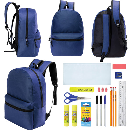 12 Wholesale 17 'Basic Rucksäcke in Marineblau Blau & 12 Bulk School Supply Kits Ihrer Wahl