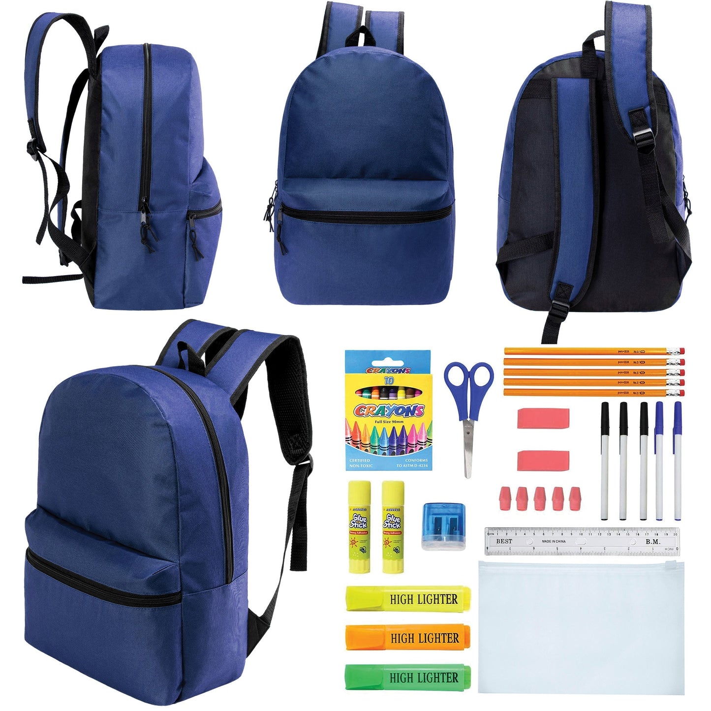 12 Wholesale 17 'Basic Rucksäcke in Marineblau Blau & 12 Bulk School Supply Kits Ihrer Wahl