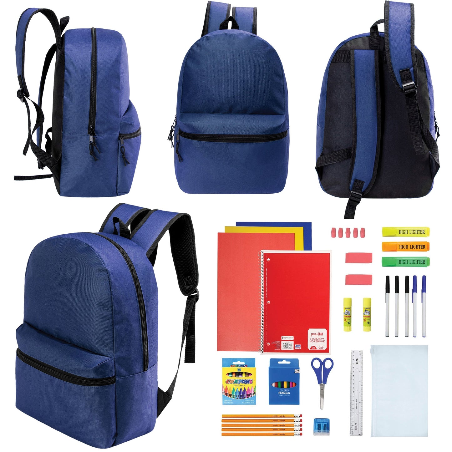 12 Wholesale 17 'Basic Rucksäcke in Marineblau Blau & 12 Bulk School Supply Kits Ihrer Wahl