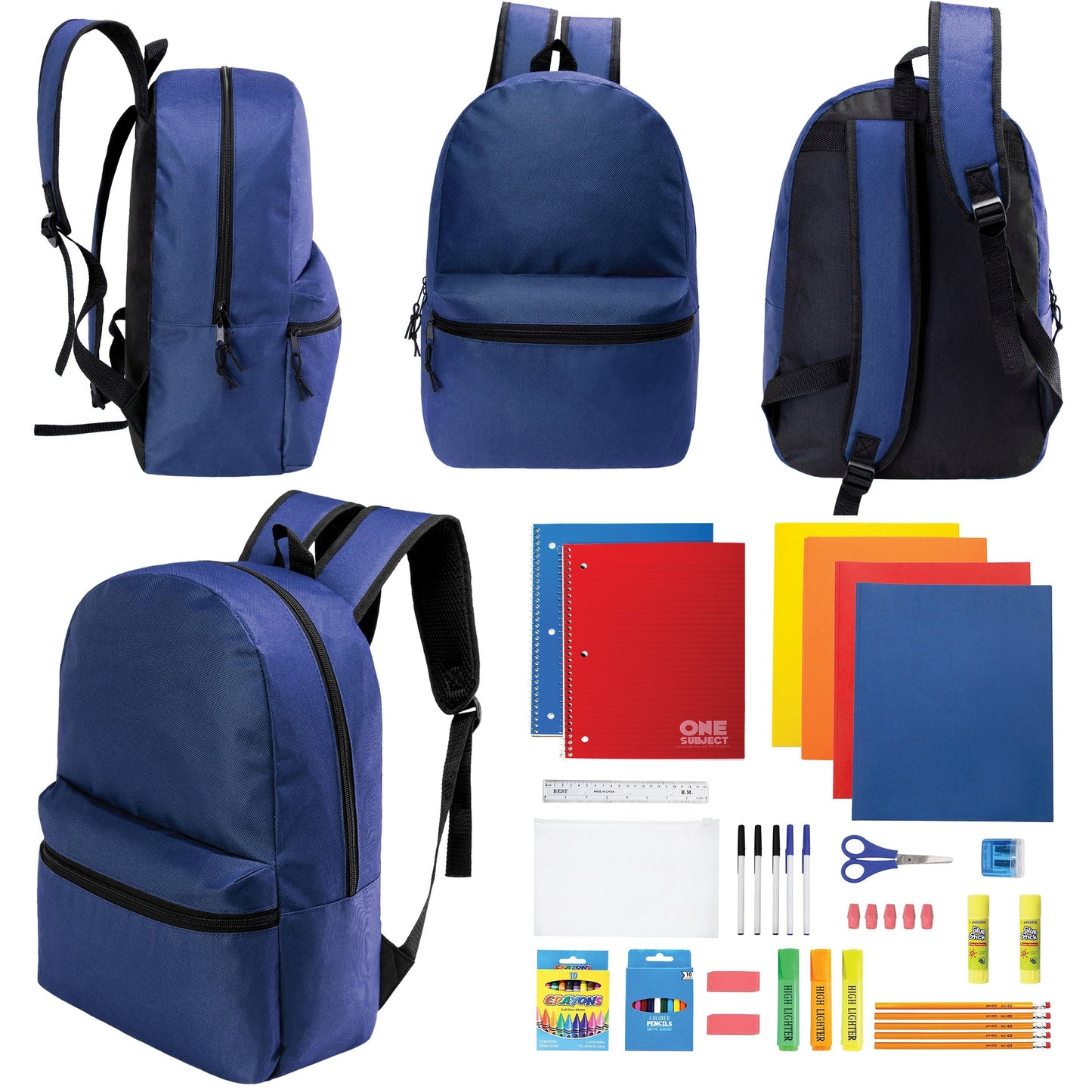 12 Wholesale 17 'Basic Rucksäcke in Marineblau Blau & 12 Bulk School Supply Kits Ihrer Wahl