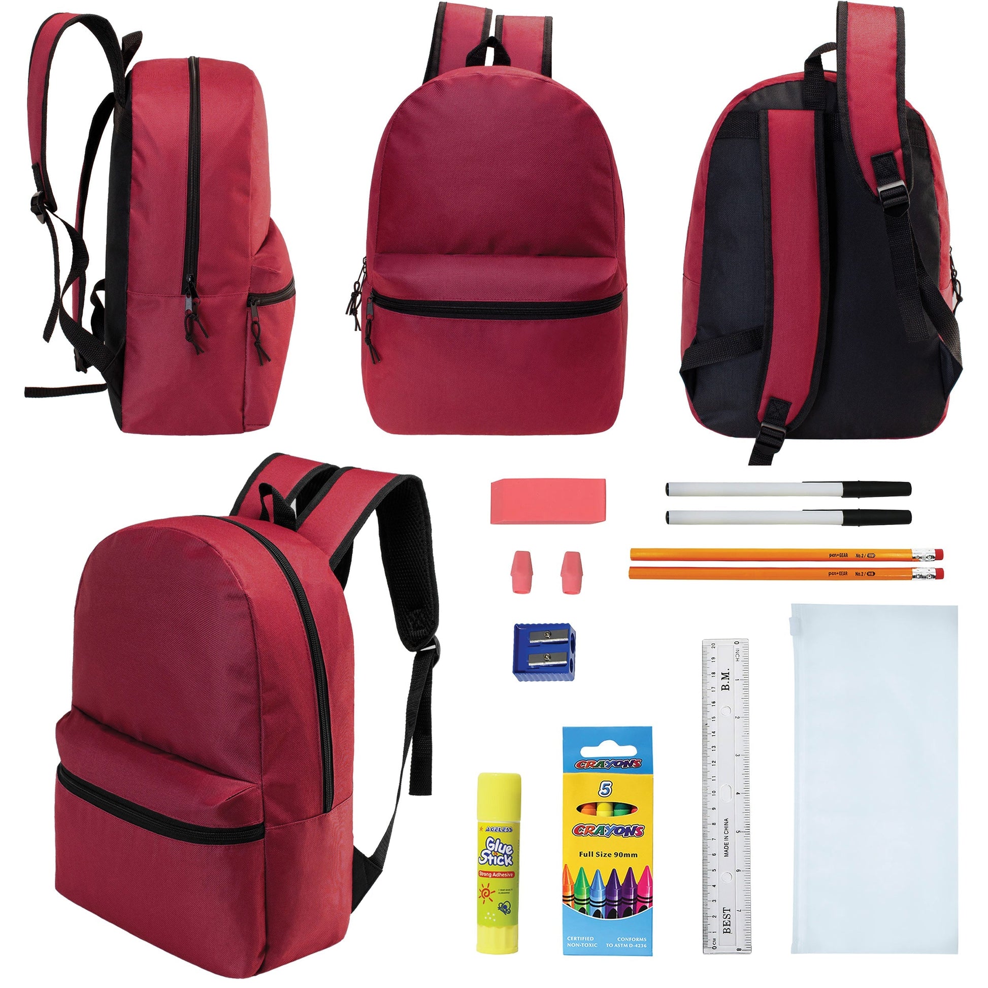 12 Wholesale 17 'Basic Rucksäcke in Burgund & 12 Bulk School Supply Kits Ihrer Wahl