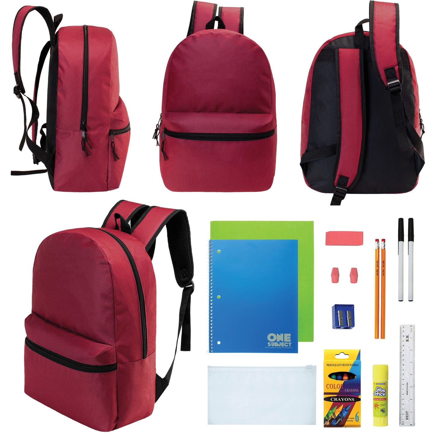 12 Wholesale 17 'Basic Rucksäcke in Burgund & 12 Bulk School Supply Kits Ihrer Wahl