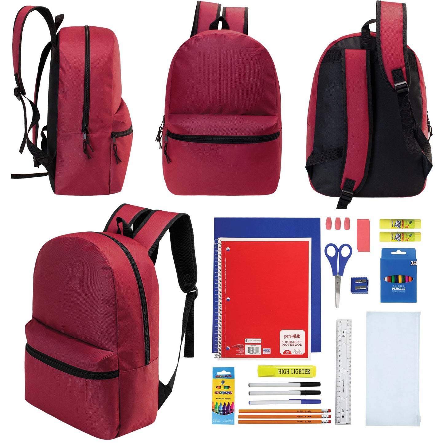 12 Wholesale 17 'Basic Rucksäcke in Burgund & 12 Bulk School Supply Kits Ihrer Wahl