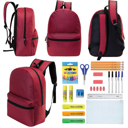 12 Wholesale 17 'Basic Rucksäcke in Burgund & 12 Bulk School Supply Kits Ihrer Wahl