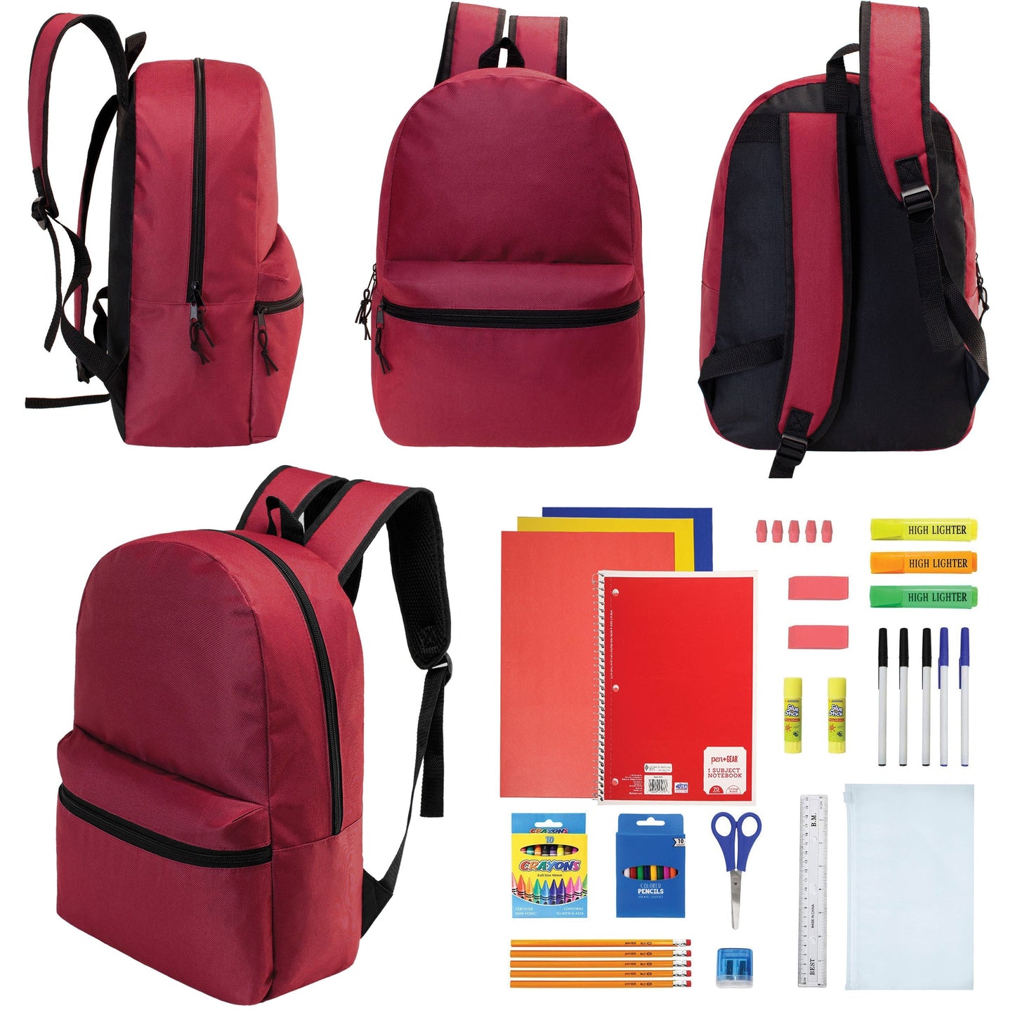 12 Wholesale 17 'Basic Rucksäcke in Burgund & 12 Bulk School Supply Kits Ihrer Wahl