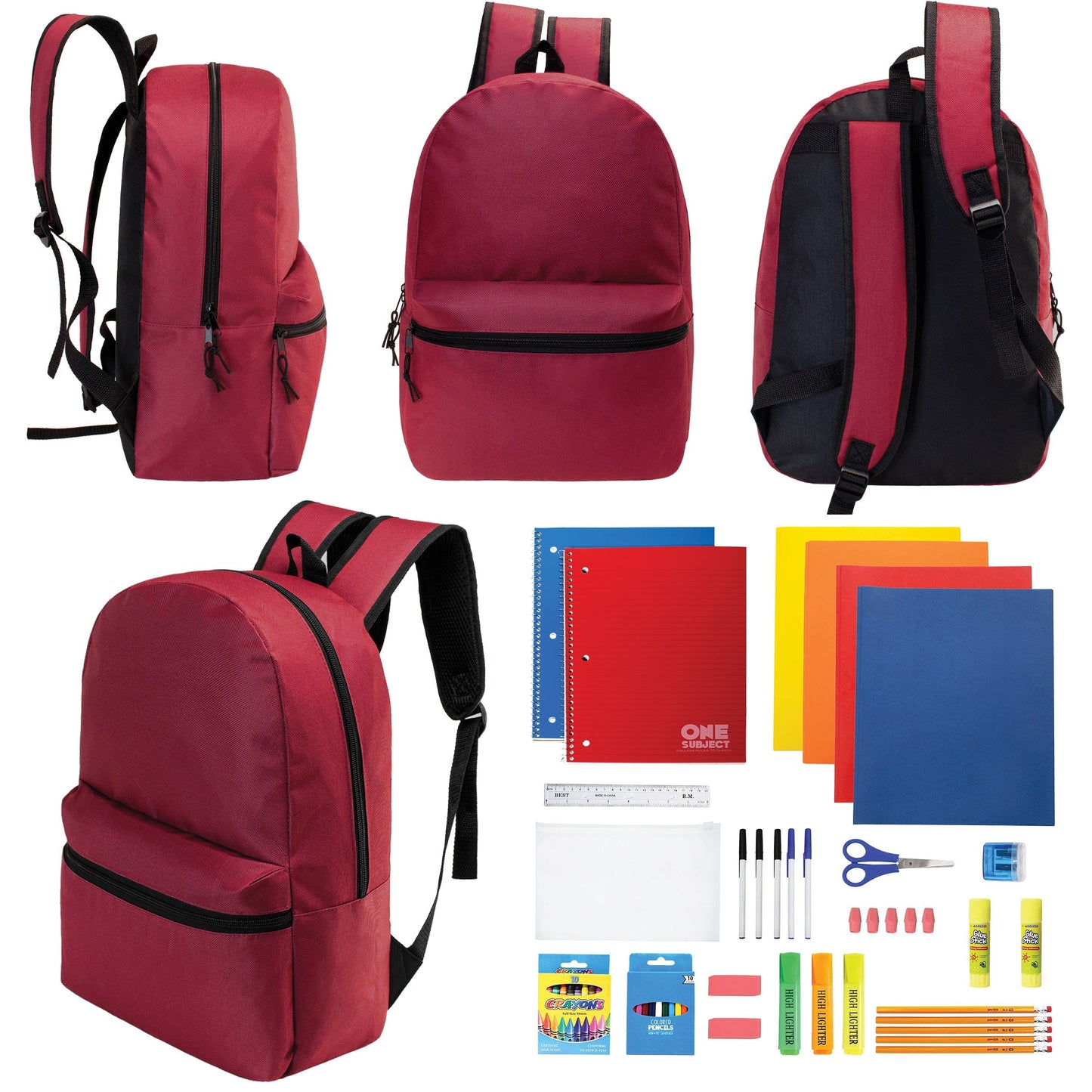 12 Wholesale 17 'Basic Rucksäcke in Burgund & 12 Bulk School Supply Kits Ihrer Wahl