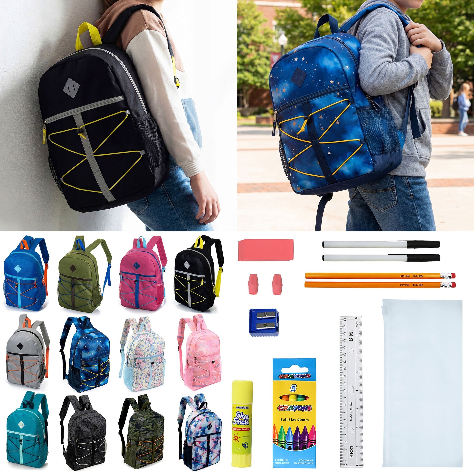 12 Großhandels-17' Bungee-Rucksack in 12 Farben & 12 Bulk School Supply Kits Ihrer Wahl