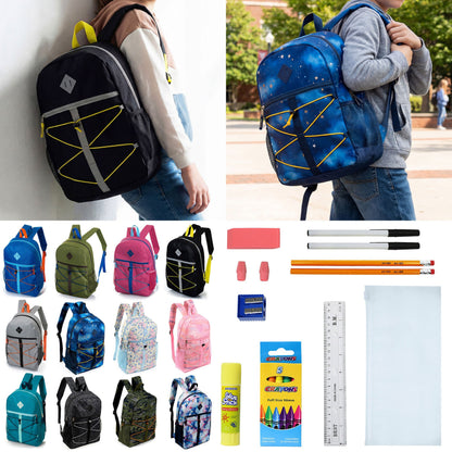 12 Großhandels-17' Bungee-Rucksack in 12 Farben & 12 Bulk School Supply Kits Ihrer Wahl