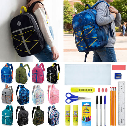 12 Großhandels-17' Bungee-Rucksack in 12 Farben & 12 Bulk School Supply Kits Ihrer Wahl