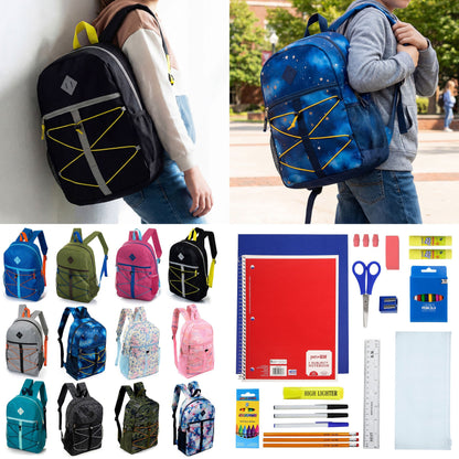 12 Großhandels-17' Bungee-Rucksack in 12 Farben & 12 Bulk School Supply Kits Ihrer Wahl