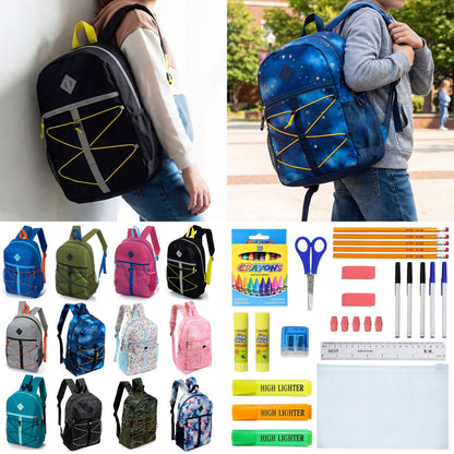 12 Großhandels-17' Bungee-Rucksack in 12 Farben & 12 Bulk School Supply Kits Ihrer Wahl