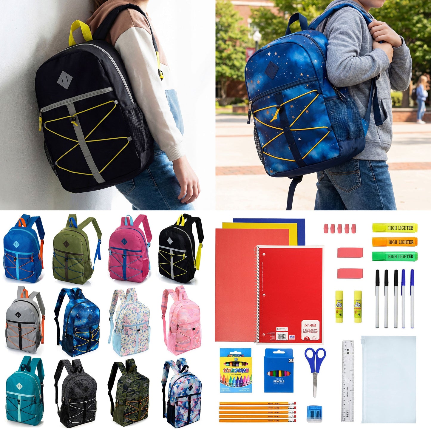 12 Großhandels-17' Bungee-Rucksack in 12 Farben & 12 Bulk School Supply Kits Ihrer Wahl