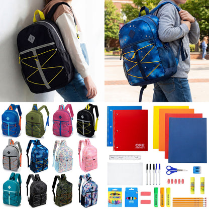 12 Großhandels-17' Bungee-Rucksack in 12 Farben & 12 Bulk School Supply Kits Ihrer Wahl