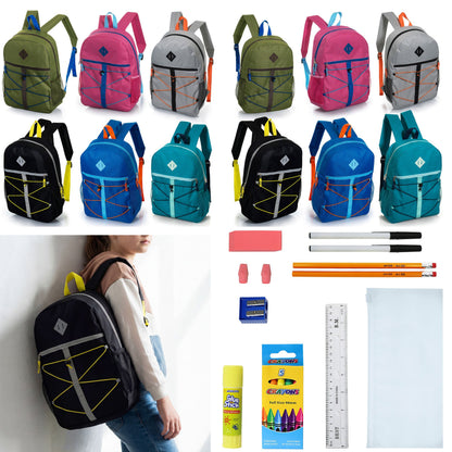 12 Wholesale 17 'Bungee Rucksack in 6 Farben & 12 Bulk School Supply Kits Ihrer Wahl