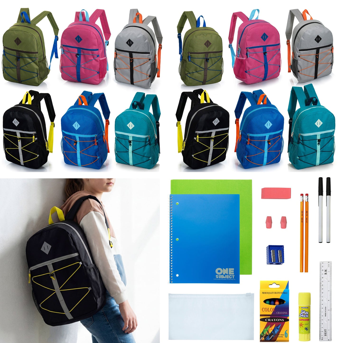 12 Wholesale 17 'Bungee Rucksack in 6 Farben & 12 Bulk School Supply Kits Ihrer Wahl