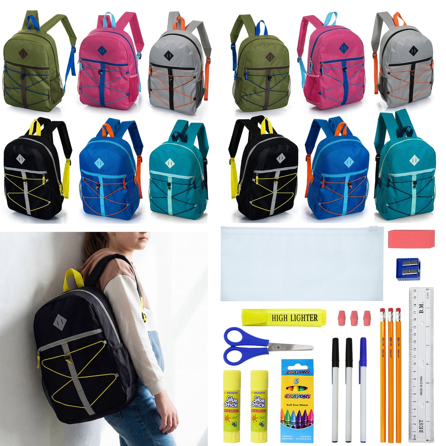 12 Wholesale 17 'Bungee Rucksack in 6 Farben & 12 Bulk School Supply Kits Ihrer Wahl