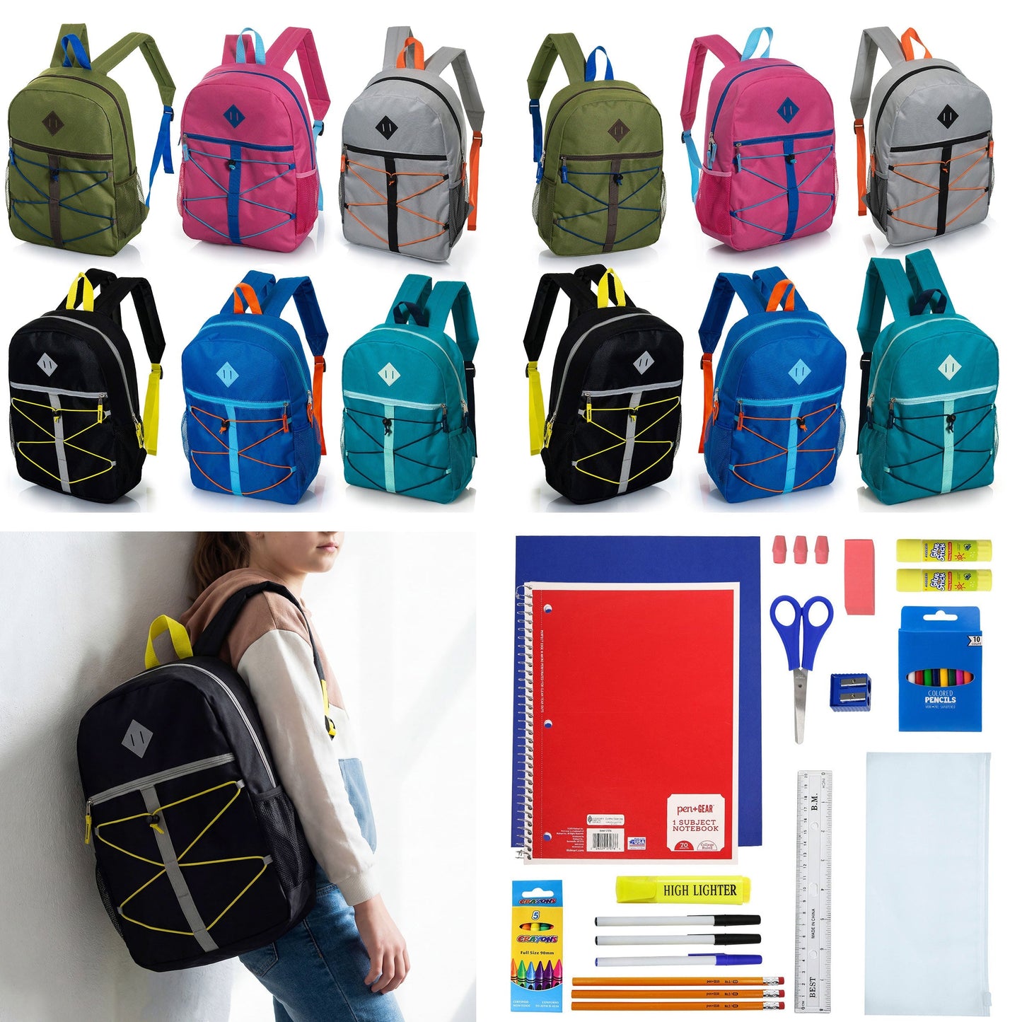 12 Wholesale 17 'Bungee Rucksack in 6 Farben & 12 Bulk School Supply Kits Ihrer Wahl