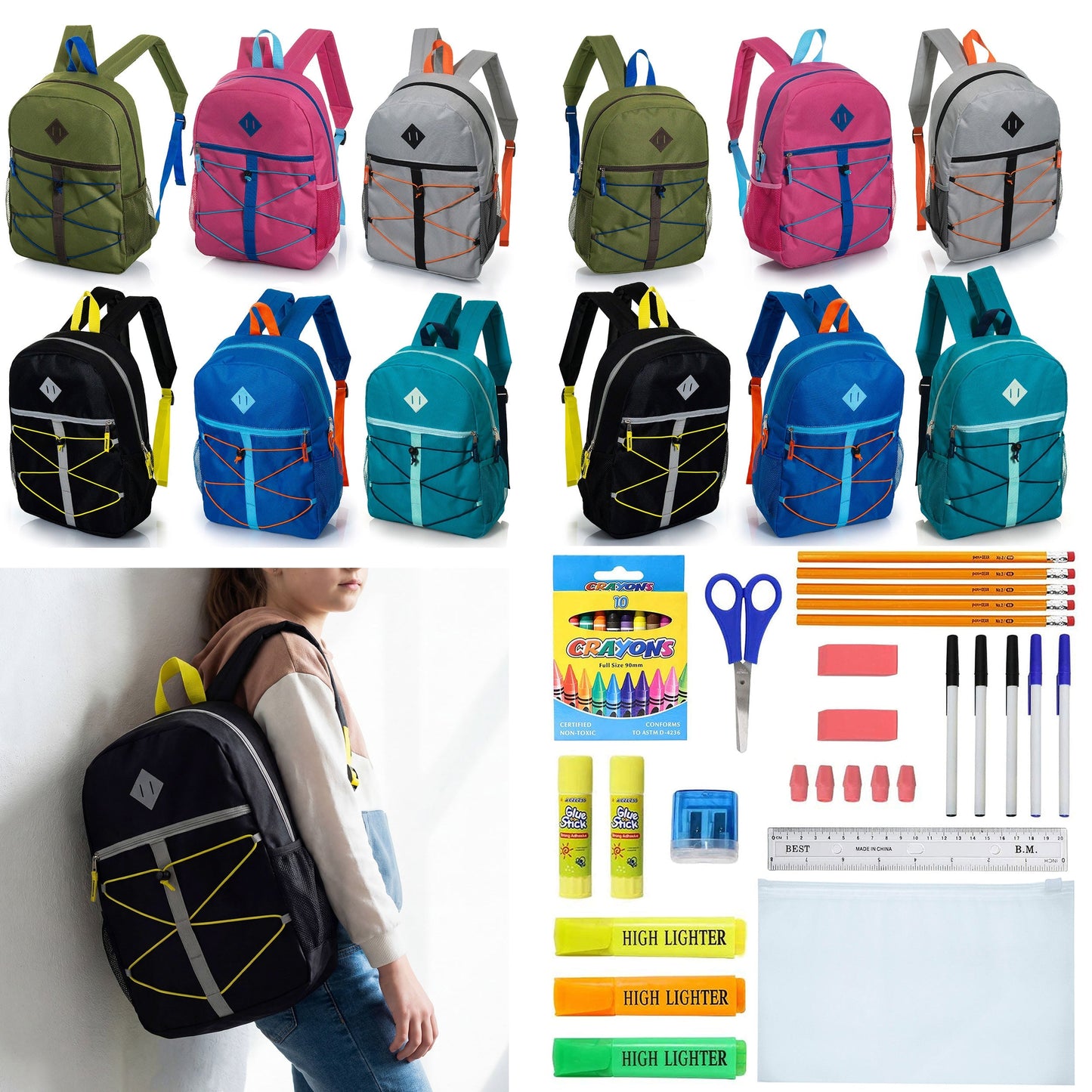 12 Wholesale 17 'Bungee Rucksack in 6 Farben & 12 Bulk School Supply Kits Ihrer Wahl