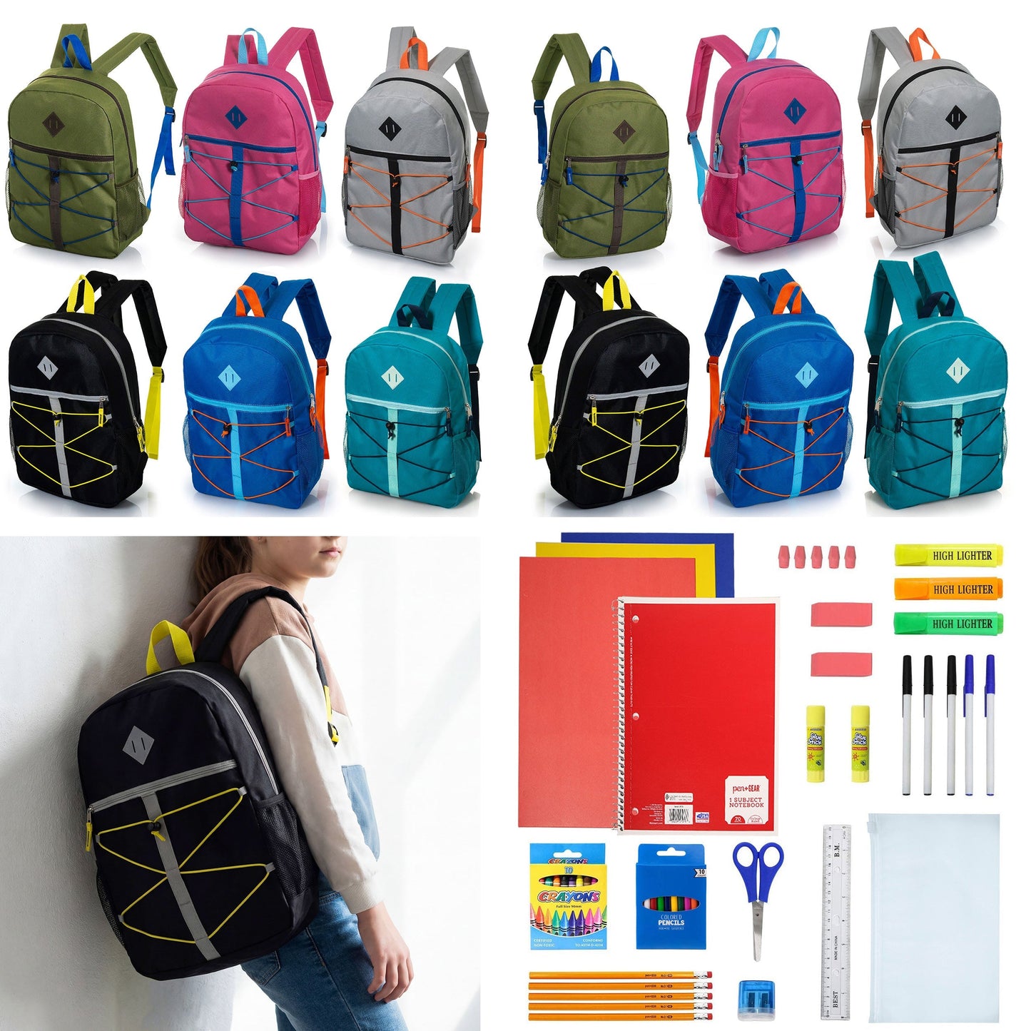 12 Wholesale 17 'Bungee Rucksack in 6 Farben & 12 Bulk School Supply Kits Ihrer Wahl