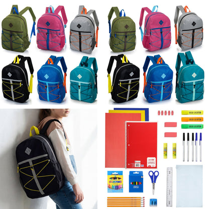 12 Wholesale 17 'Bungee Rucksack in 6 Farben & 12 Bulk School Supply Kits Ihrer Wahl