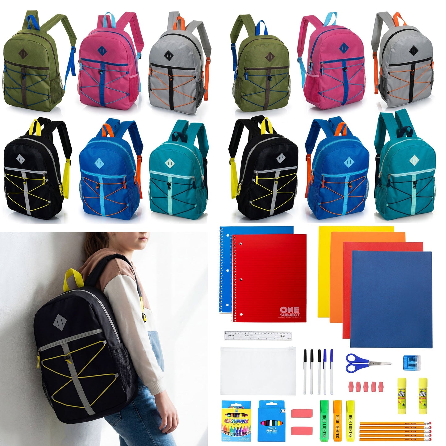 12 Wholesale 17 'Bungee Rucksack in 6 Farben & 12 Bulk School Supply Kits Ihrer Wahl