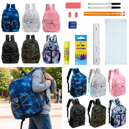 12 Wholesale 17 'Bungee Rucksack in 6 Prints & 12 Bulk School Supply Kits Ihrer Wahl