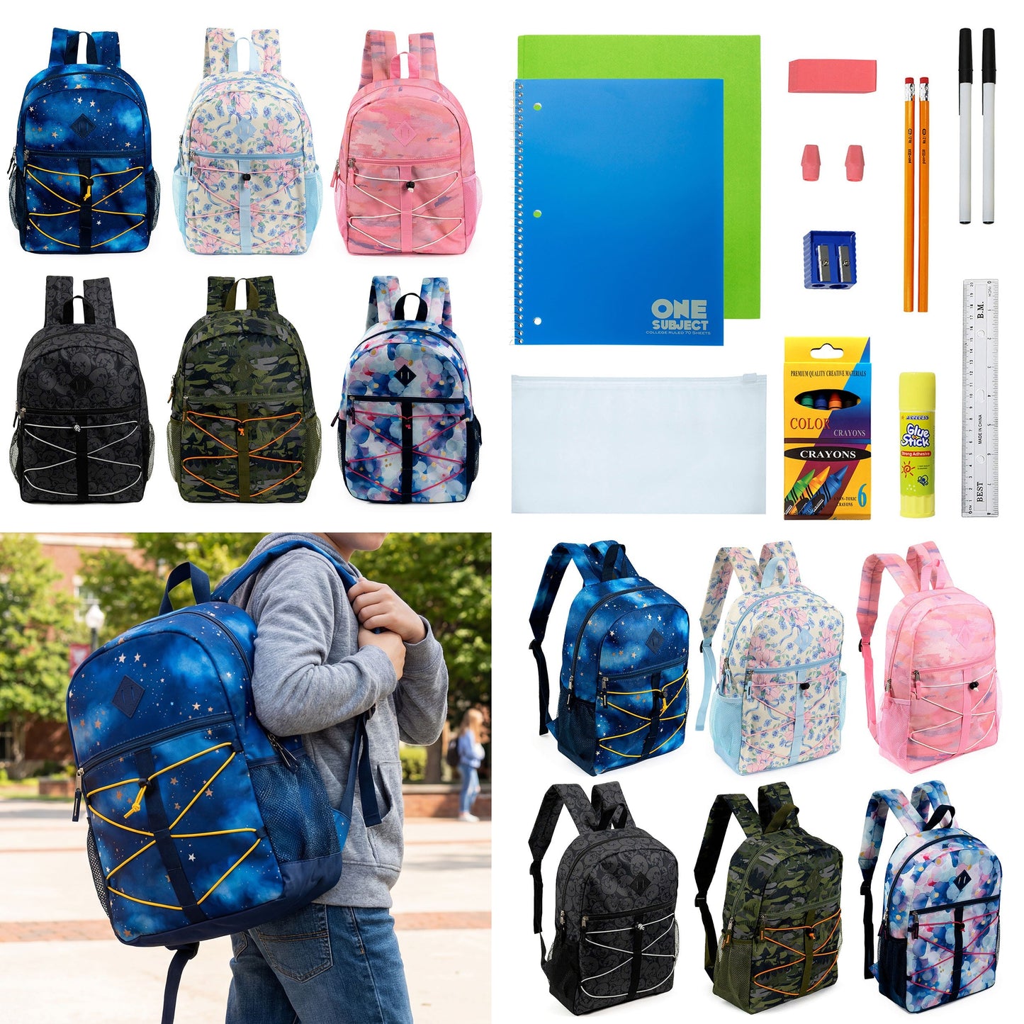 12 Wholesale 17 'Bungee Rucksack in 6 Prints & 12 Bulk School Supply Kits Ihrer Wahl