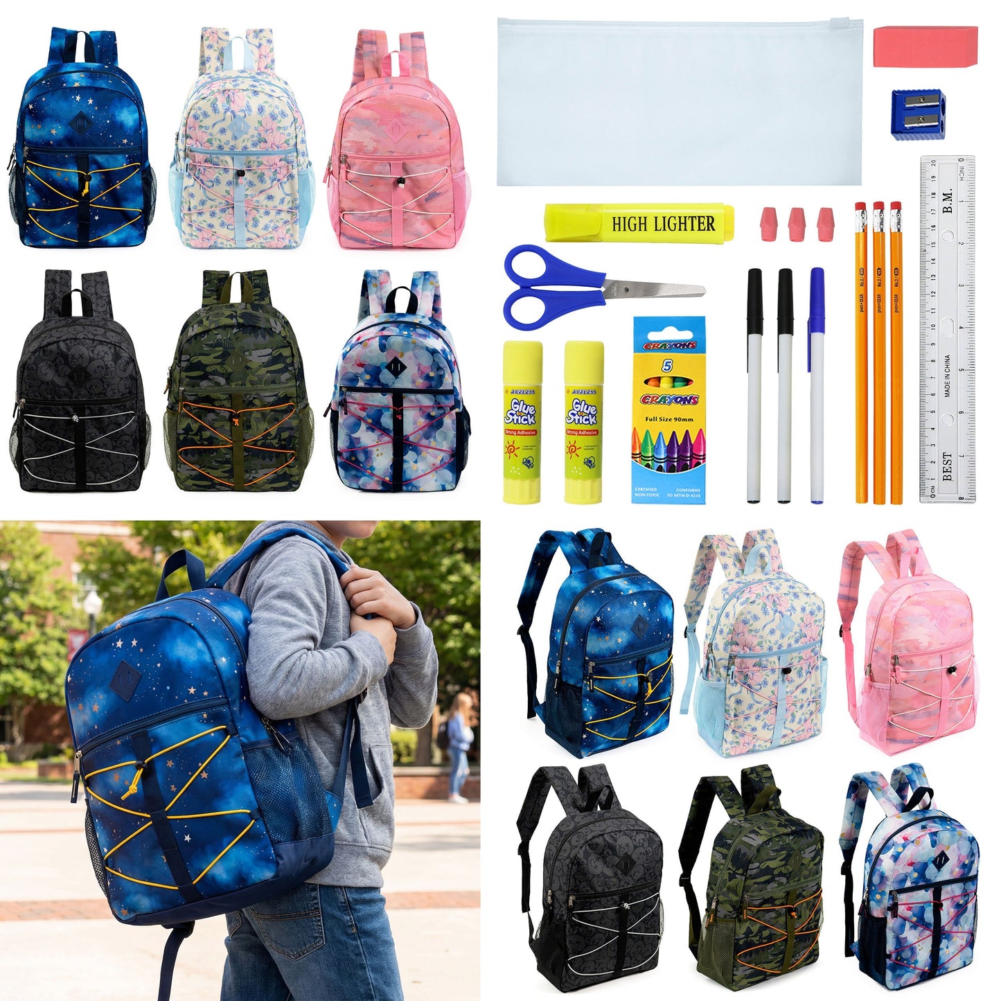 12 Wholesale 17 'Bungee Rucksack in 6 Prints & 12 Bulk School Supply Kits Ihrer Wahl