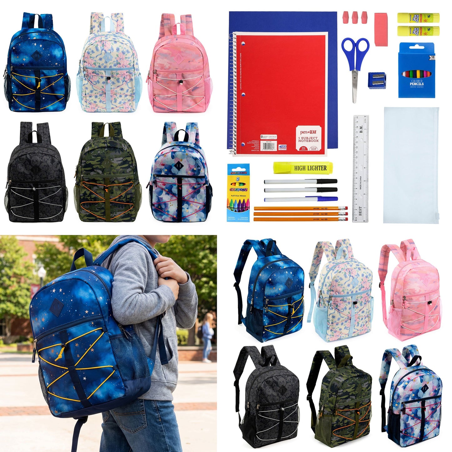 12 Wholesale 17 'Bungee Rucksack in 6 Prints & 12 Bulk School Supply Kits Ihrer Wahl