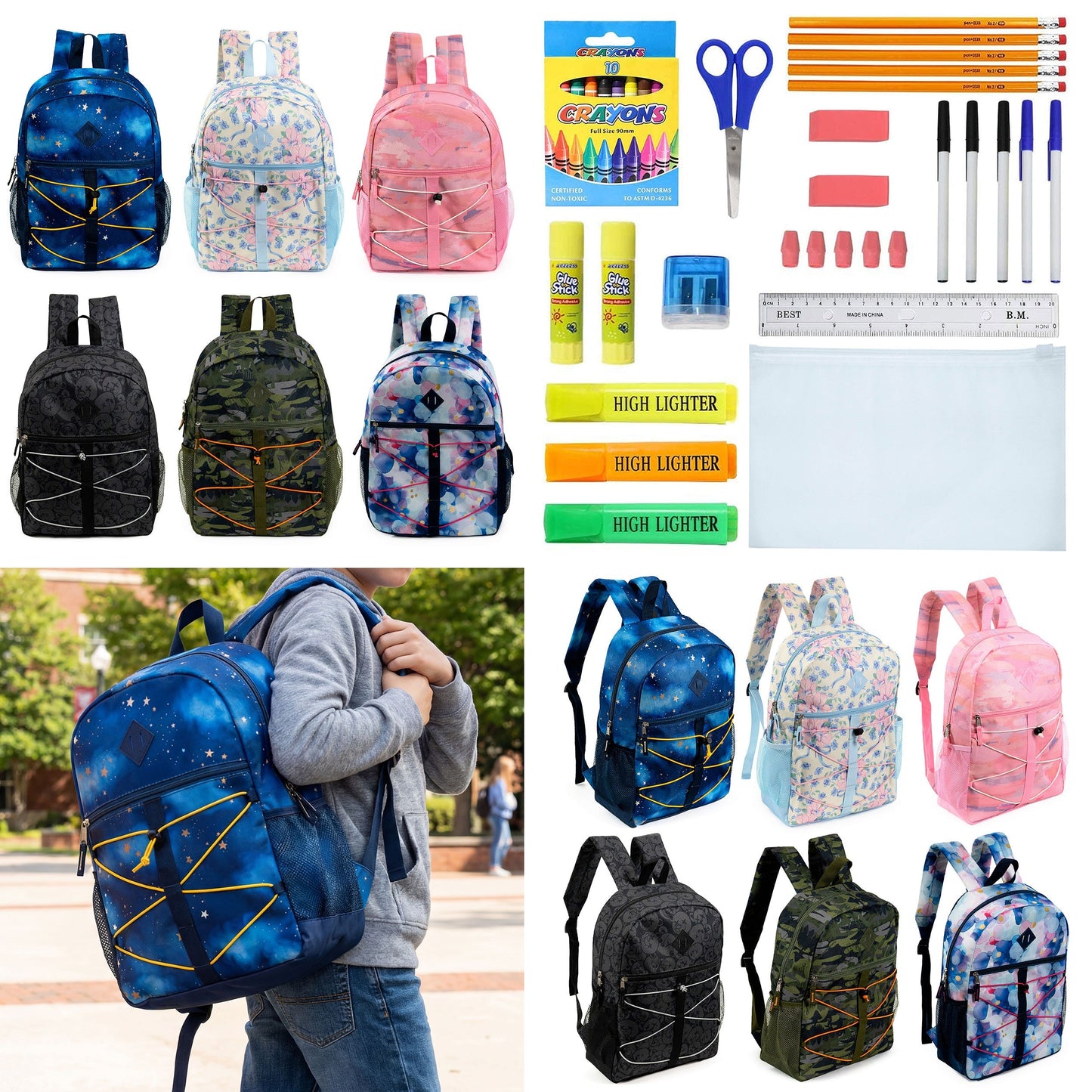 12 Wholesale 17 'Bungee Rucksack in 6 Prints & 12 Bulk School Supply Kits Ihrer Wahl
