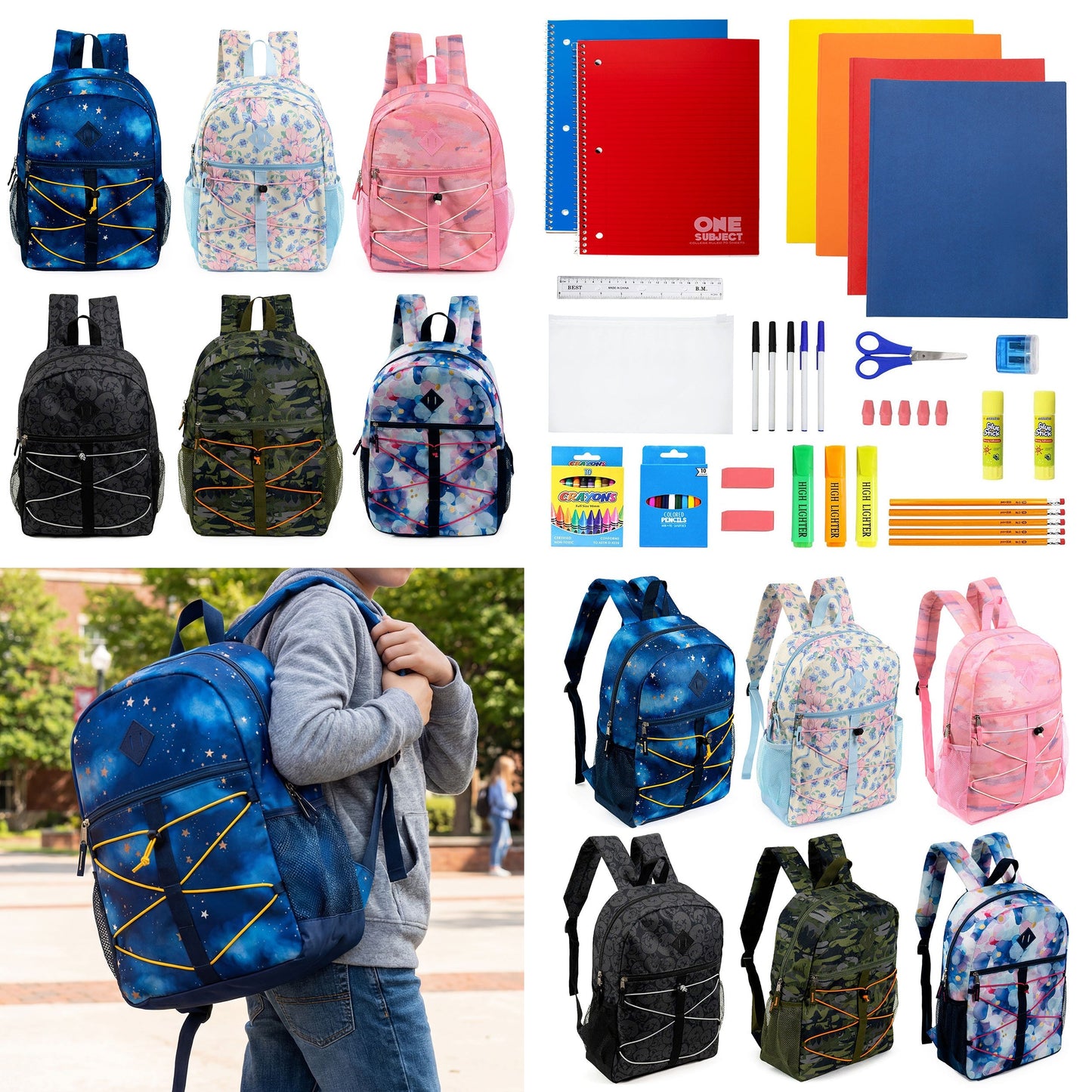 12 Wholesale 17 'Bungee Rucksack in 6 Prints & 12 Bulk School Supply Kits Ihrer Wahl