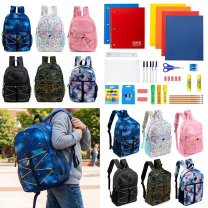 12 Wholesale 17 'Bungee Rucksack in 6 Prints & 12 Bulk School Supply Kits Ihrer Wahl