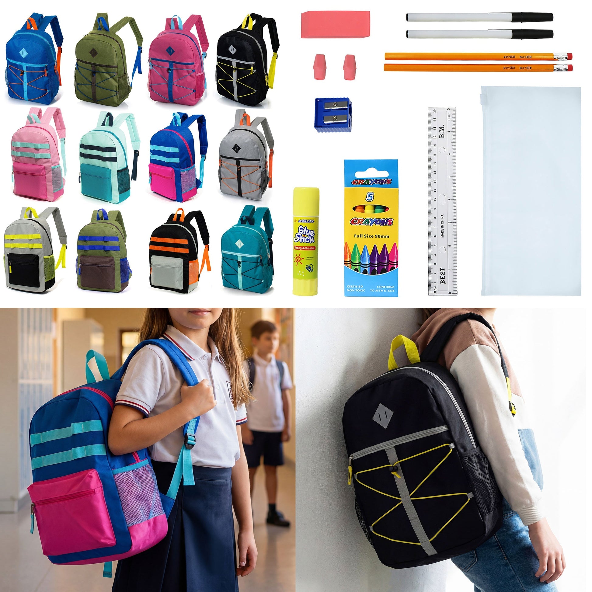 12 Wholesale 17 'Rucksäcke in verschiedenen Farben und Drucken & 12 Bulk School Supply Kits Ihrer Wahl