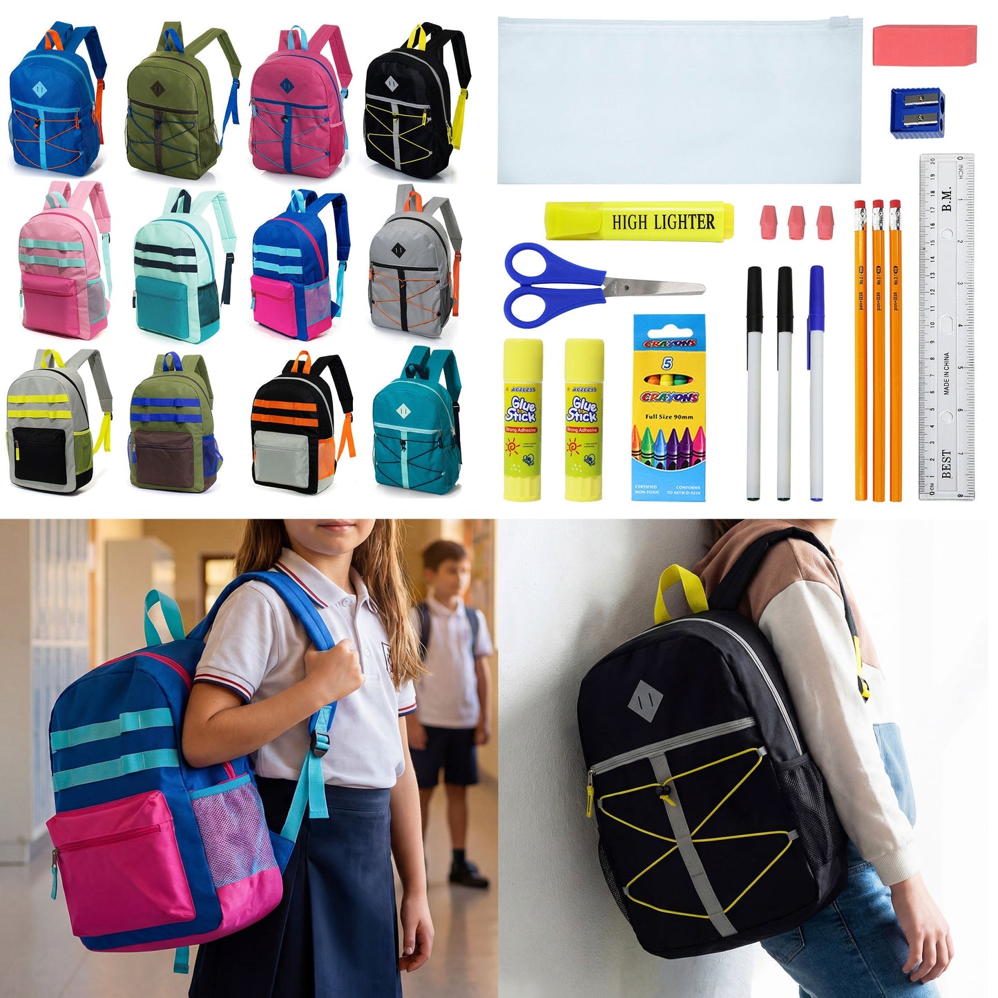12 Wholesale 17 'Rucksäcke in verschiedenen Farben und Drucken & 12 Bulk School Supply Kits Ihrer Wahl