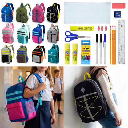 12 Wholesale 17 'Rucksäcke in verschiedenen Farben und Drucken & 12 Bulk School Supply Kits Ihrer Wahl