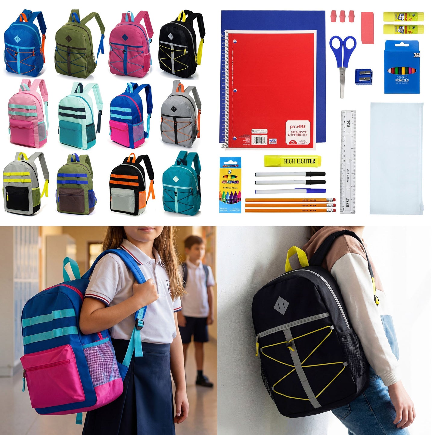 12 Wholesale 17 'Rucksäcke in verschiedenen Farben und Drucken & 12 Bulk School Supply Kits Ihrer Wahl