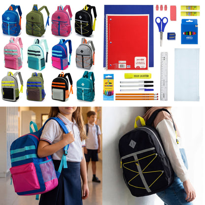 12 Wholesale 17 'Rucksäcke in verschiedenen Farben und Drucken & 12 Bulk School Supply Kits Ihrer Wahl