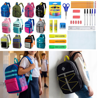 12 Wholesale 17 'Rucksäcke in verschiedenen Farben und Drucken & 12 Bulk School Supply Kits Ihrer Wahl
