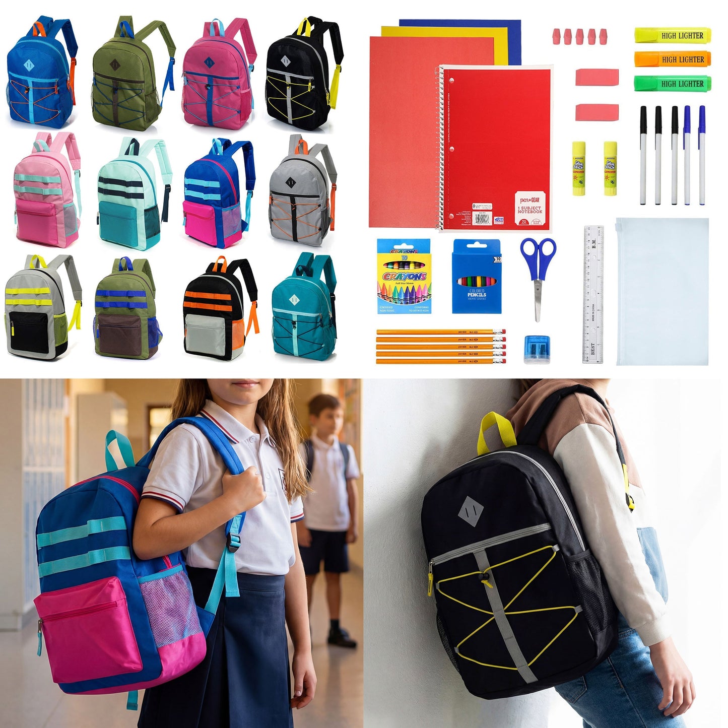 12 Wholesale 17 'Rucksäcke in verschiedenen Farben und Drucken & 12 Bulk School Supply Kits Ihrer Wahl