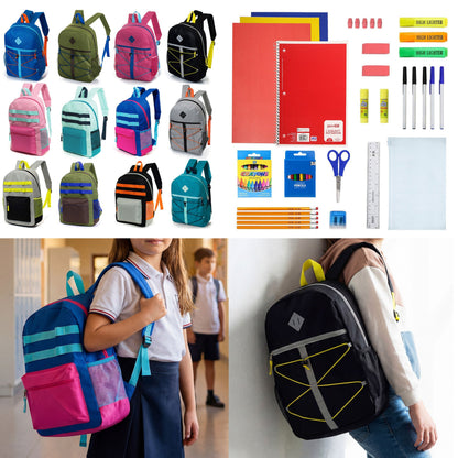 12 Wholesale 17 'Rucksäcke in verschiedenen Farben und Drucken & 12 Bulk School Supply Kits Ihrer Wahl