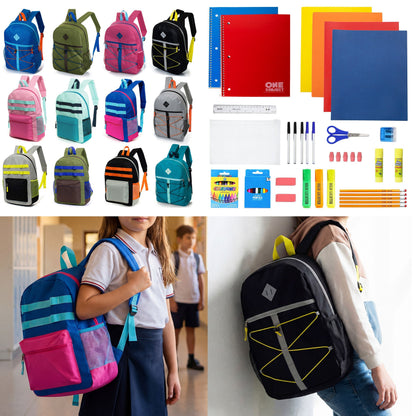 12 Wholesale 17 'Rucksäcke in verschiedenen Farben und Drucken & 12 Bulk School Supply Kits Ihrer Wahl