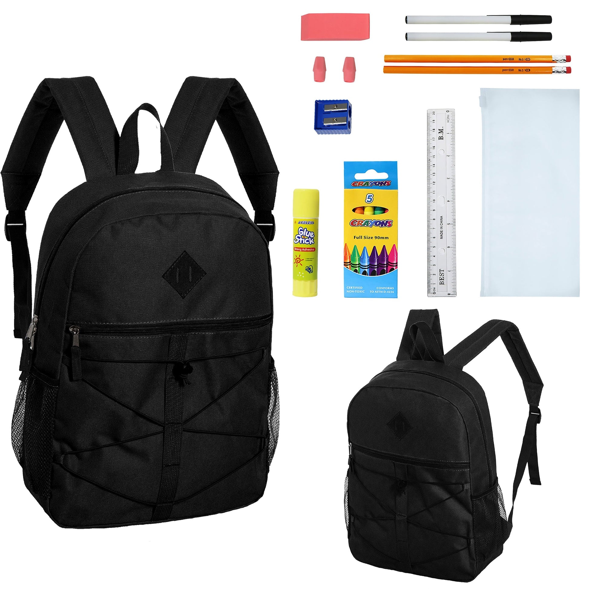 12 Wholesale 18 'Bungee Rucksäcke in Schwarz & 12 Bulk School Supply Kits Ihrer Wahl