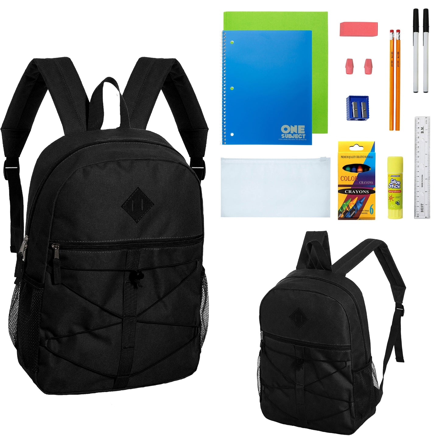 12 Wholesale 18 'Bungee Rucksäcke in Schwarz & 12 Bulk School Supply Kits Ihrer Wahl