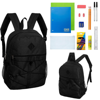 12 Wholesale 18 'Bungee Rucksäcke in Schwarz & 12 Bulk School Supply Kits Ihrer Wahl